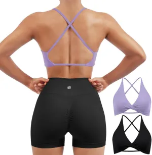 SUUKSESS Women 2 Piece Open Back Strappy Sports Bra Pack Twist V Neck Workout Crops