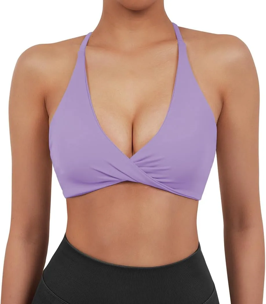 SUUKSESS Women 2 Piece Open Back Strappy Sports Bra Pack Twist V Neck Workout Crops