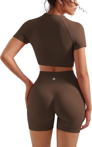 SUUKSESS Women 2 Piece Workout Sets Hidden Scrunch Butt Lifting Biker Shorts Short Sleeve Crop Tops