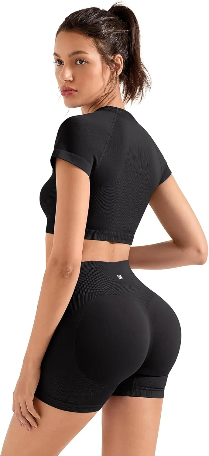 SUUKSESS Women 2 Piece Workout Sets Hidden Scrunch Butt Lifting Biker Shorts Short Sleeve Crop Tops
