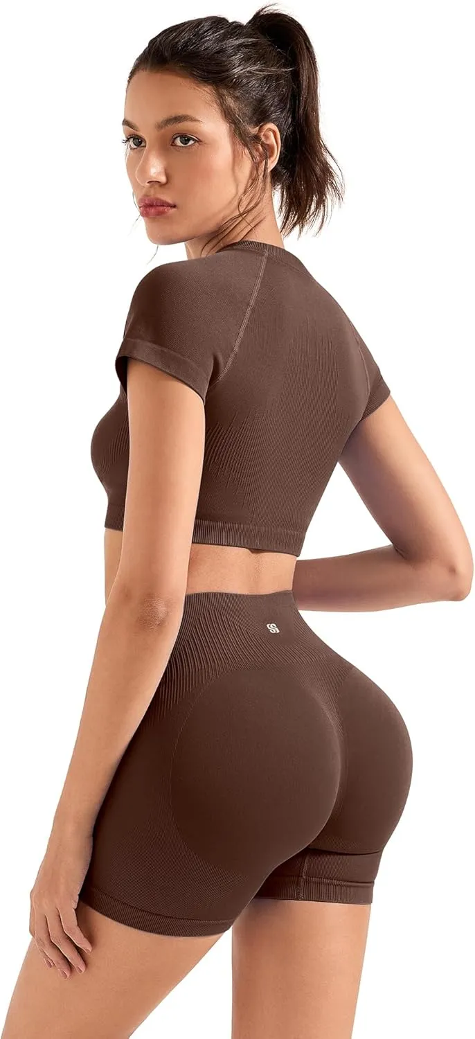 SUUKSESS Women 2 Piece Workout Sets Hidden Scrunch Butt Lifting Biker Shorts Short Sleeve Crop Tops