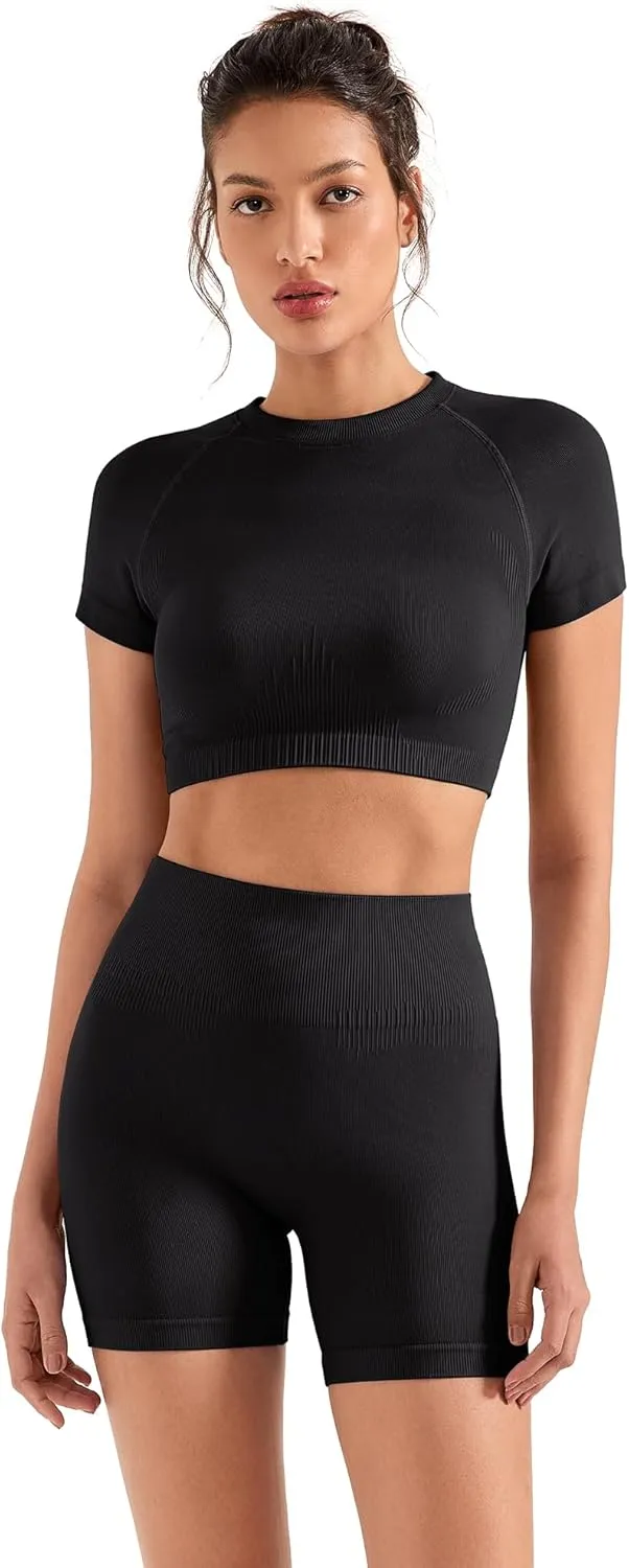 SUUKSESS Women 2 Piece Workout Sets Hidden Scrunch Butt Lifting Biker Shorts Short Sleeve Crop Tops