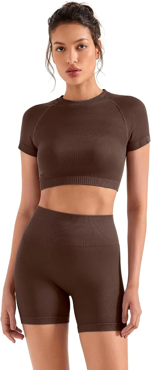 SUUKSESS Women 2 Piece Workout Sets Hidden Scrunch Butt Lifting Biker Shorts Short Sleeve Crop Tops