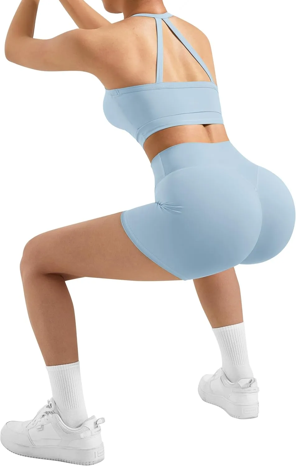 SUUKSESS Women 2 Piece Workout Sets High Waisted Tummy Control Biker Shorts Halter Backless Tank Tops