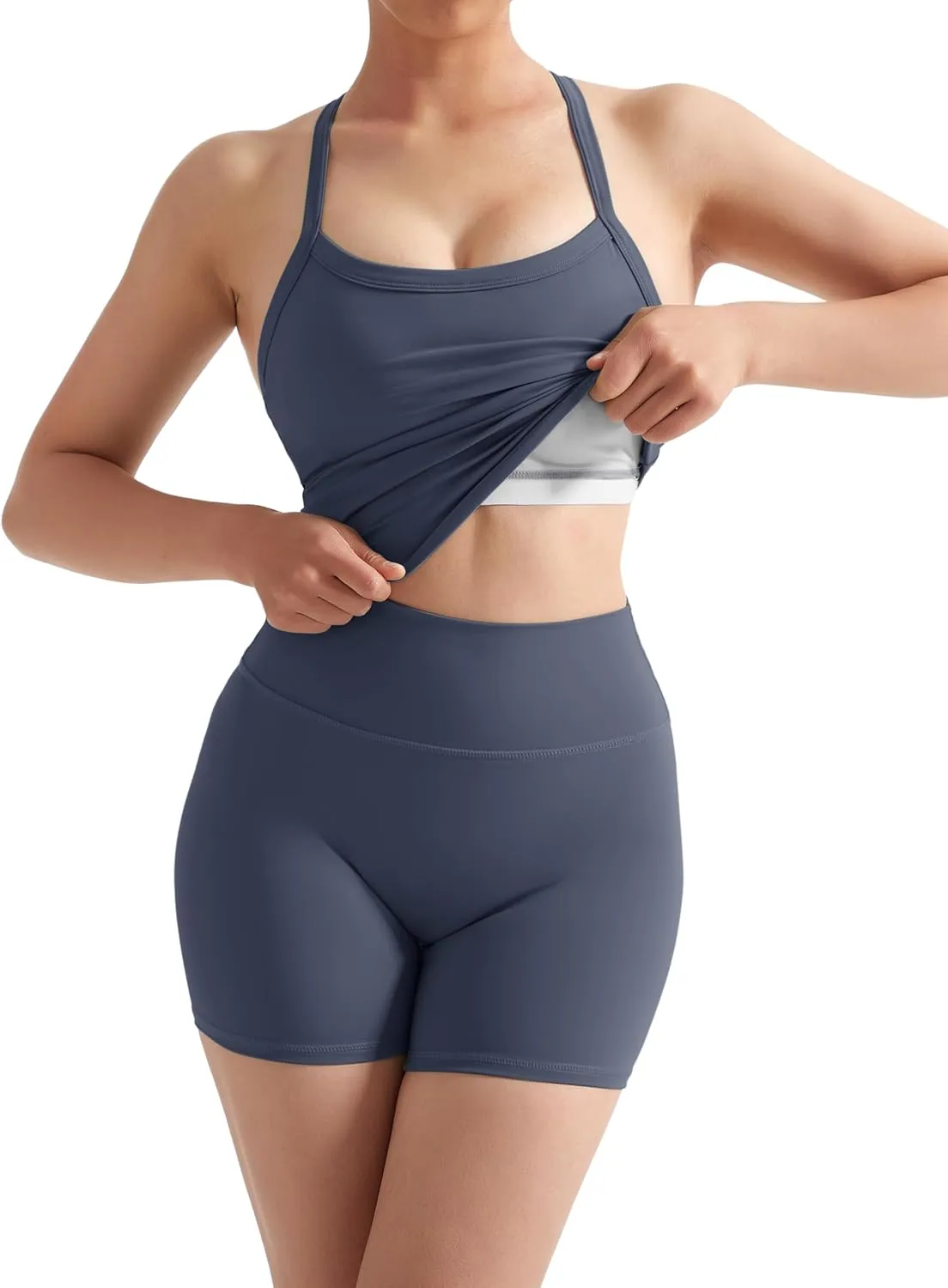SUUKSESS Women 2 Piece Workout Sets High Waisted Tummy Control Biker Shorts Halter Backless Tank Tops