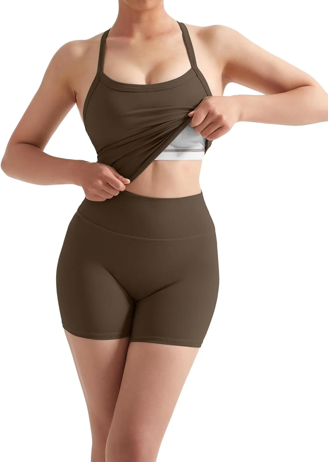SUUKSESS Women 2 Piece Workout Sets High Waisted Tummy Control Biker Shorts Halter Backless Tank Tops