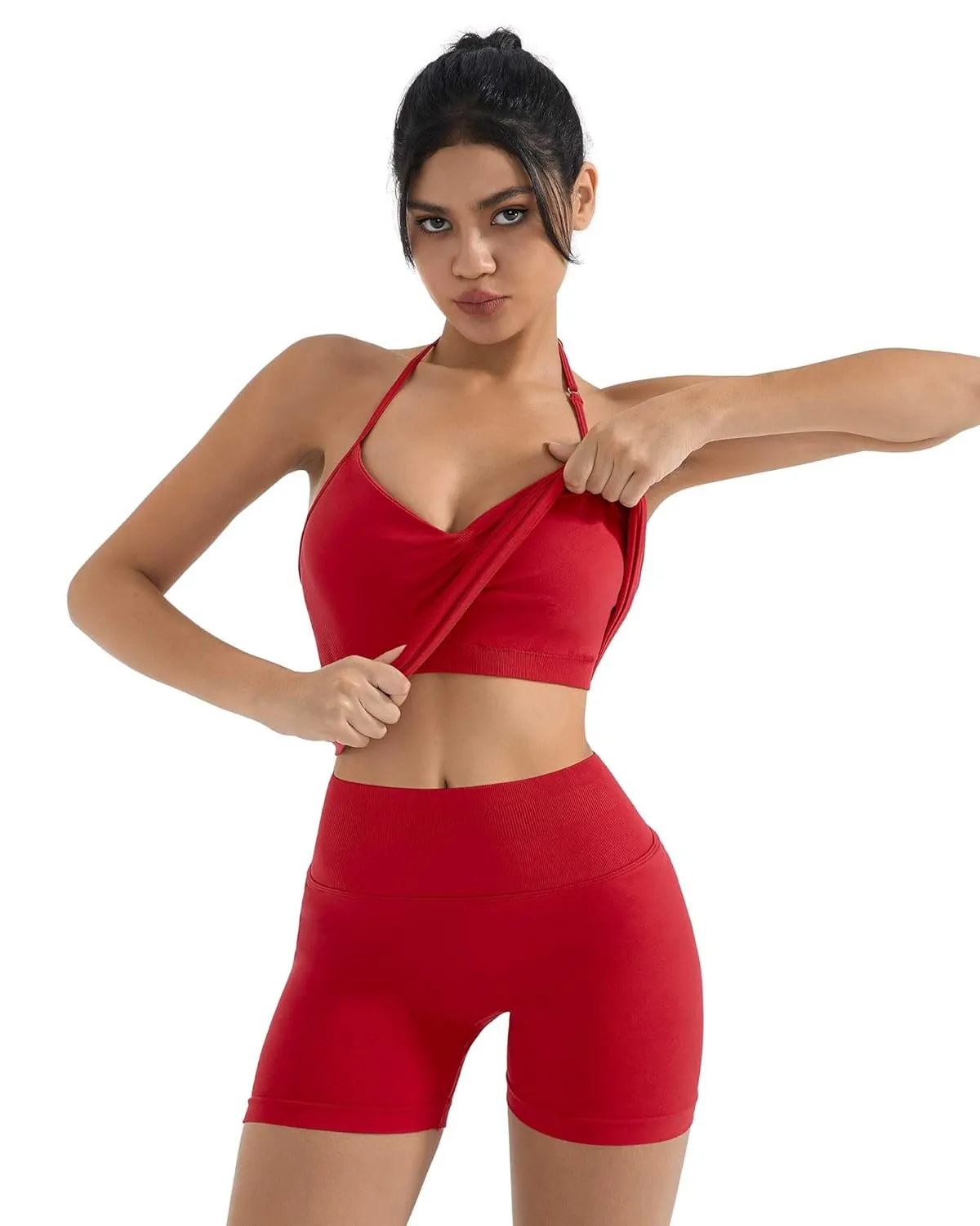 SUUKSESS Women Halter Backless Sports Bra Seamless Padded Ribbed Workout Set Gym Yoga Bra