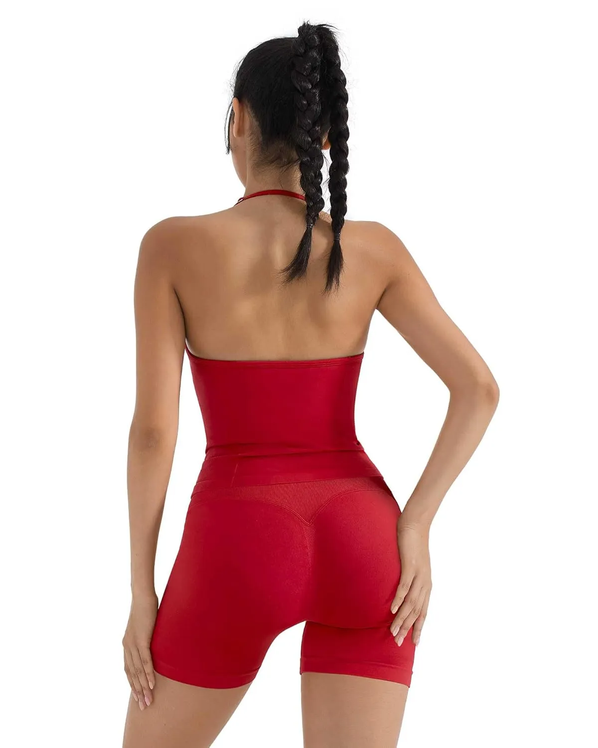 SUUKSESS Women Halter Backless Sports Bra Seamless Padded Ribbed Workout Set Gym Yoga Bra