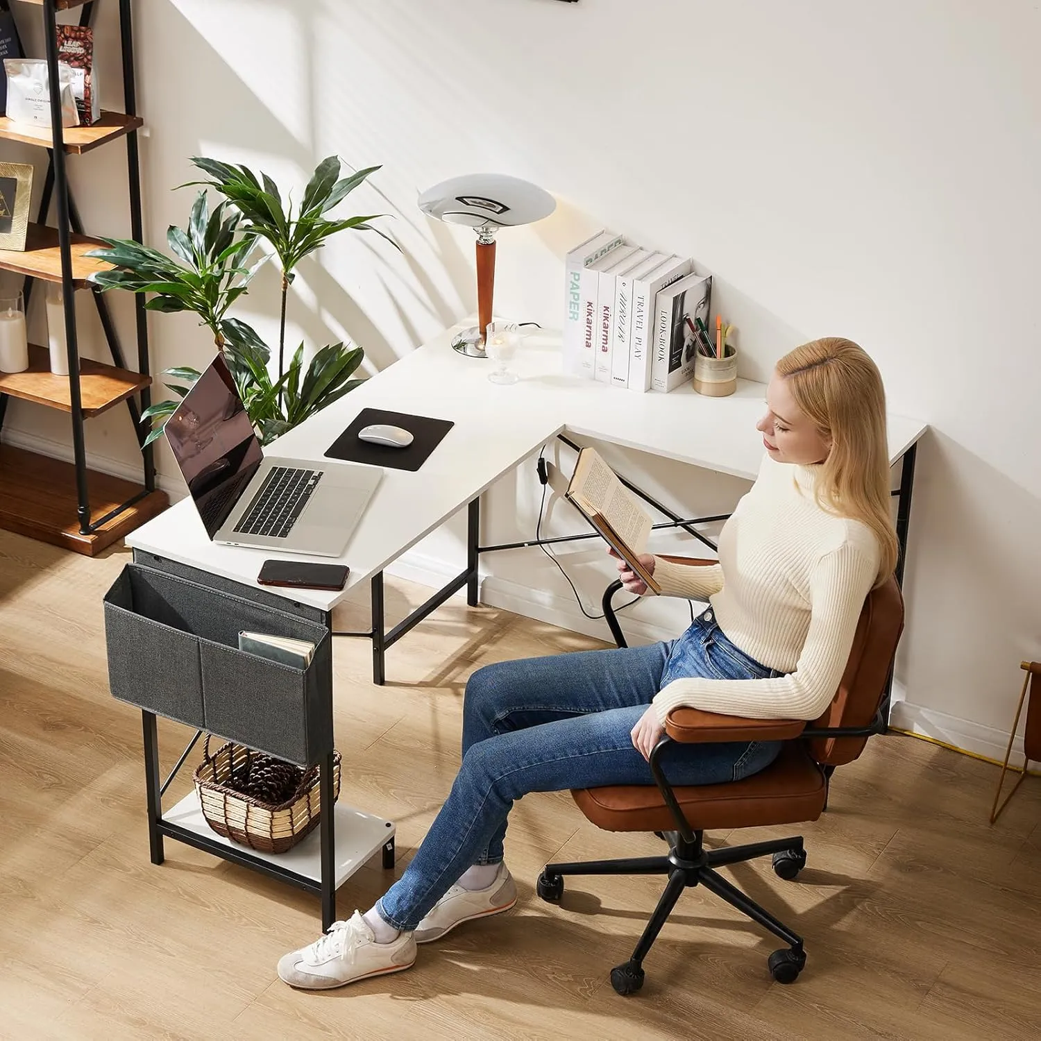 Sweetcrispy L Shaped Computer Desk - Gaming Corner 50 Inch PC White Writing Study Student Table with Wooden Desktop CPU Stand Side Bag Reversible for Home Office Room Small Space, Black