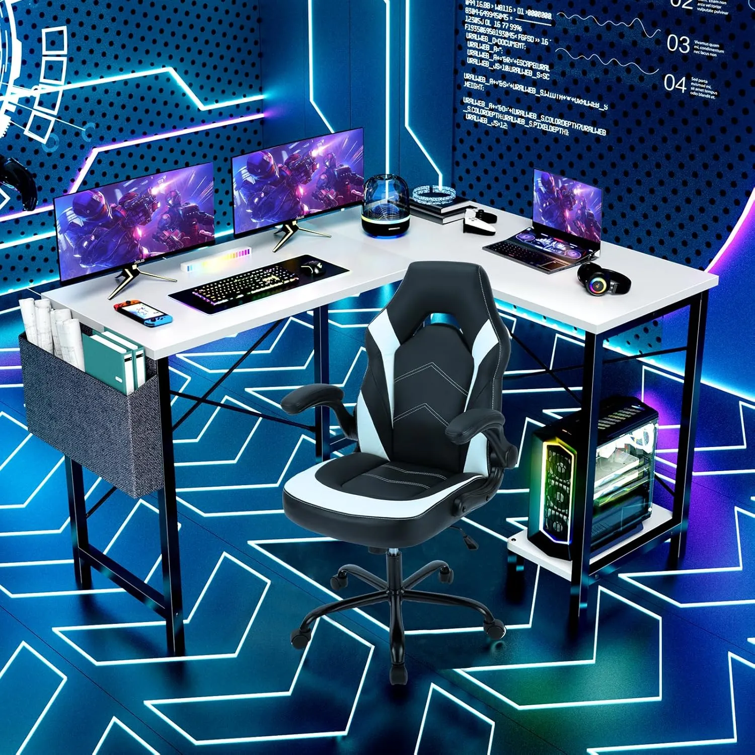 Sweetcrispy L Shaped Computer Desk - Gaming Corner 50 Inch PC White Writing Study Student Table with Wooden Desktop CPU Stand Side Bag Reversible for Home Office Room Small Space, Black