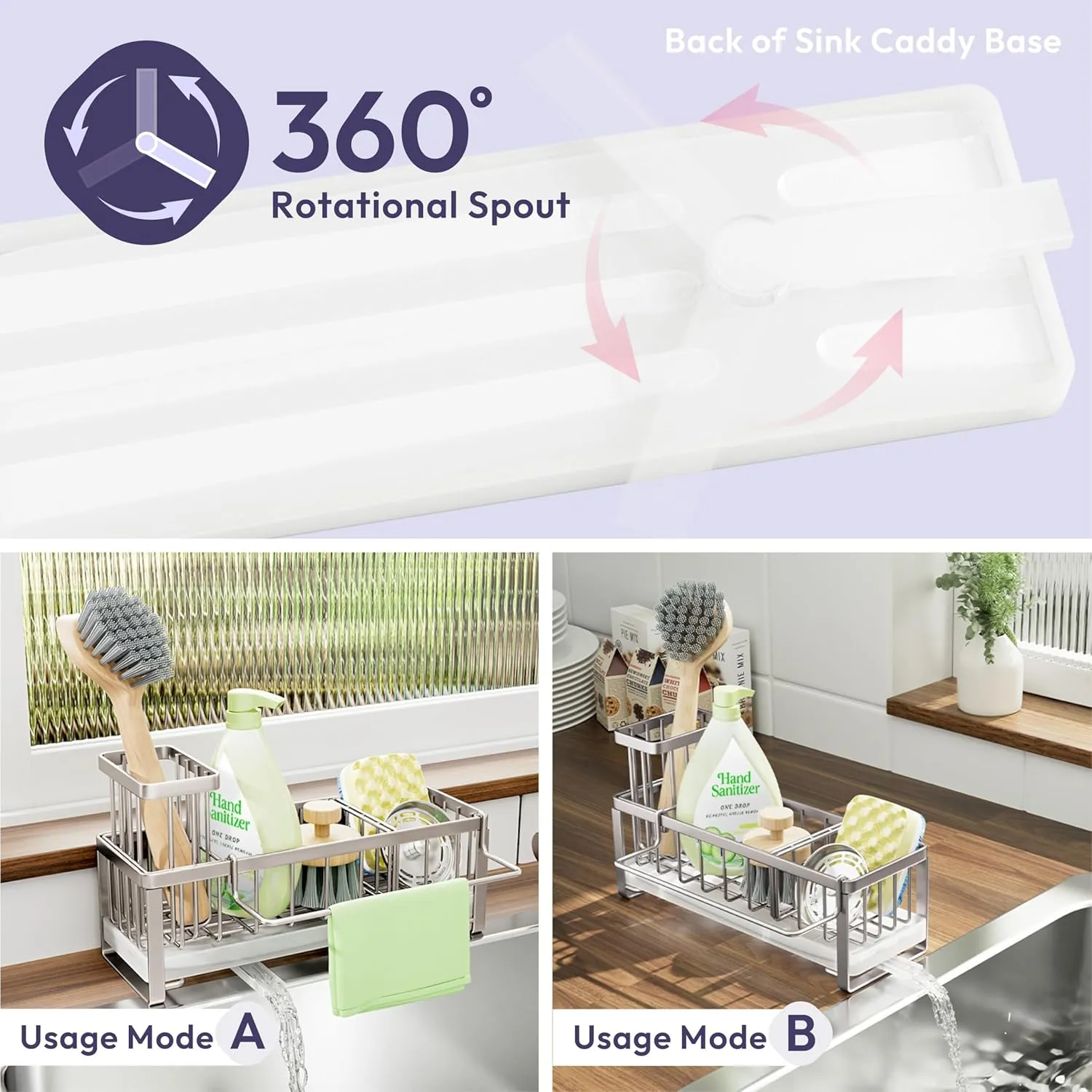 SWTYMIKI Sponge Holder for Kitchen Sink - Sink Caddy with Brush Holder Self-draining Sponge Caddy Organizer with Divider Stainless Steel Kitchen Accessories Storage for Countertop, Silver