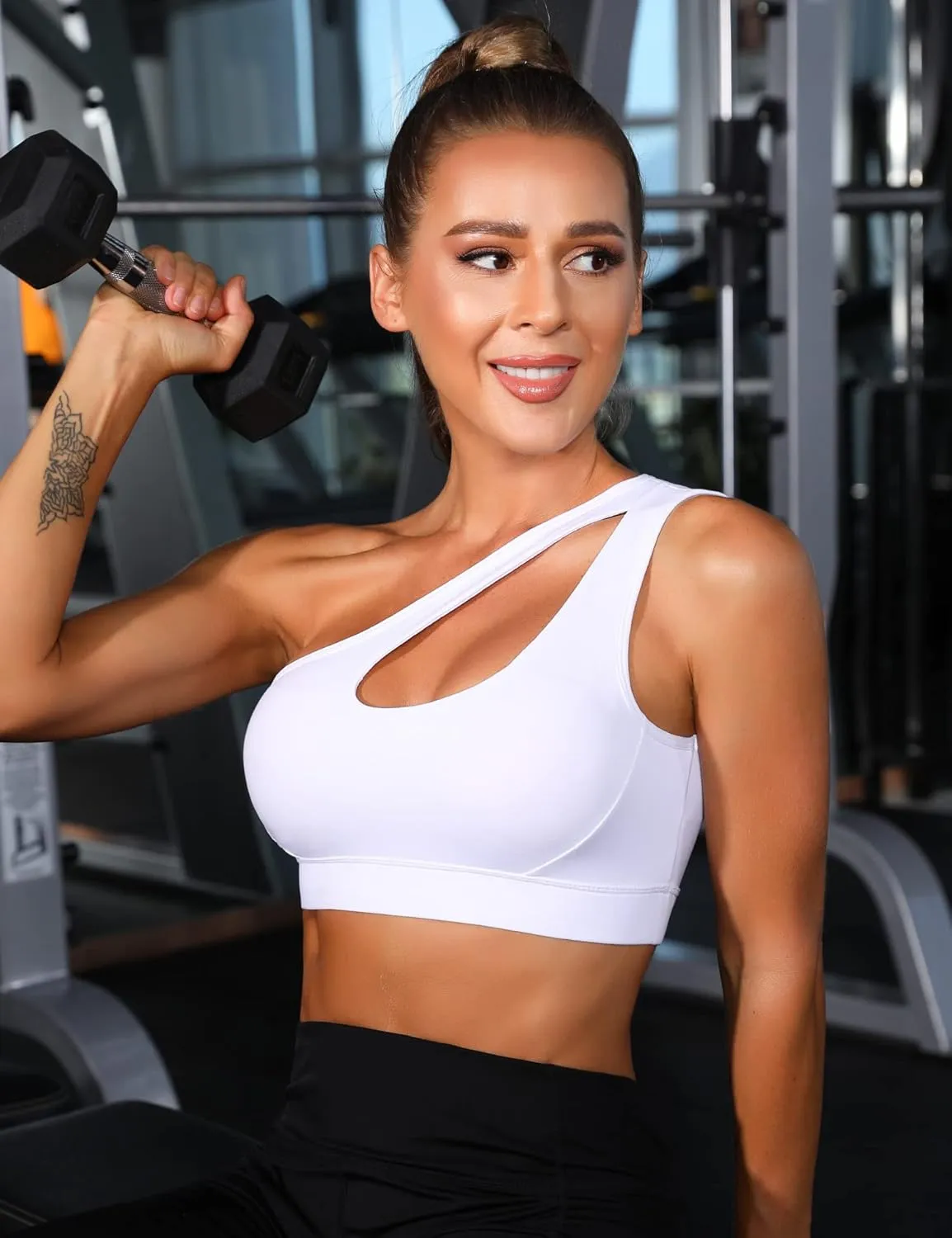 Sykooria Womens One Shoulder Sports Bras Workout Left Strap Yoga Bras Cute Medium Support Crop Tops