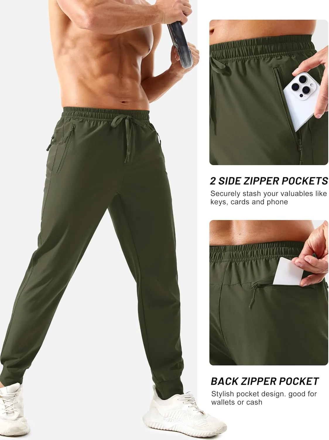 TACVASEN Men's Lightweight Athletic Joggers with Zipper Pockets Quick Dry Track Pants for Men Gym Sweatpants Workout Golf