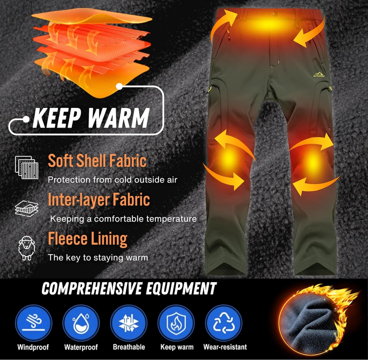 TACVASEN Winter Pants for Men Fleece Lined Waterproof Pants Insulated Hiking Pant for Ski Snowboard Outdoor Work Hunting