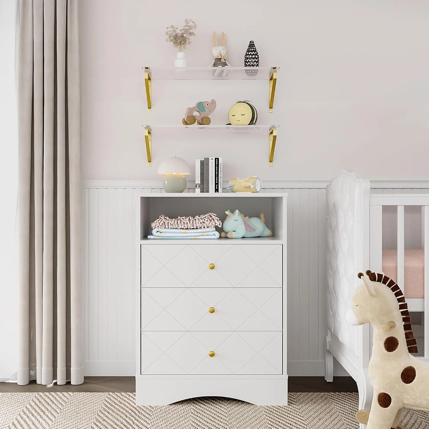 Tall Nightstand for Bedroom, Large Bedside Table with 3 Drawers and 2 Shelves, Modern End Table for Bedroom, Home Office, Hallway, White