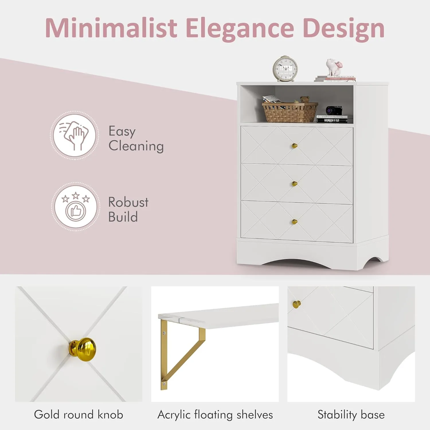 Tall Nightstand for Bedroom, Large Bedside Table with 3 Drawers and 2 Shelves, Modern End Table for Bedroom, Home Office, Hallway, White