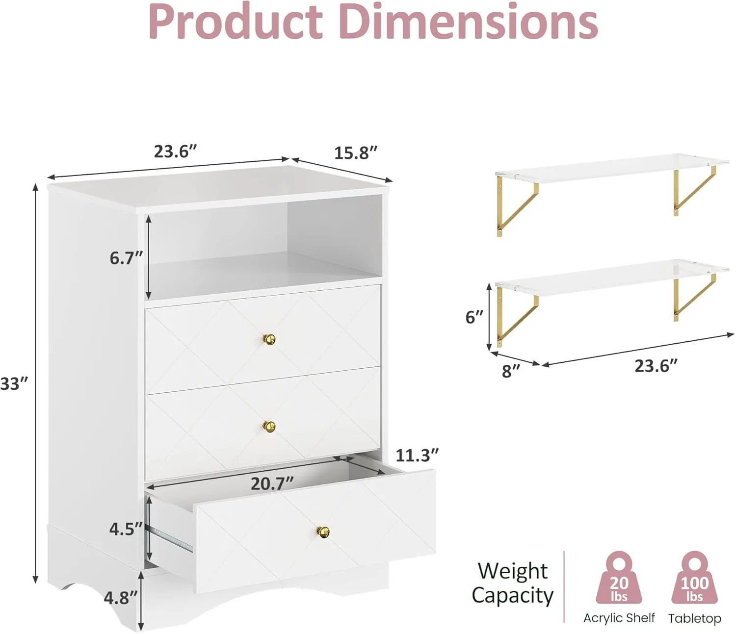 Tall Nightstand for Bedroom, Large Bedside Table with 3 Drawers and 2 Shelves, Modern End Table for Bedroom, Home Office, Hallway, White