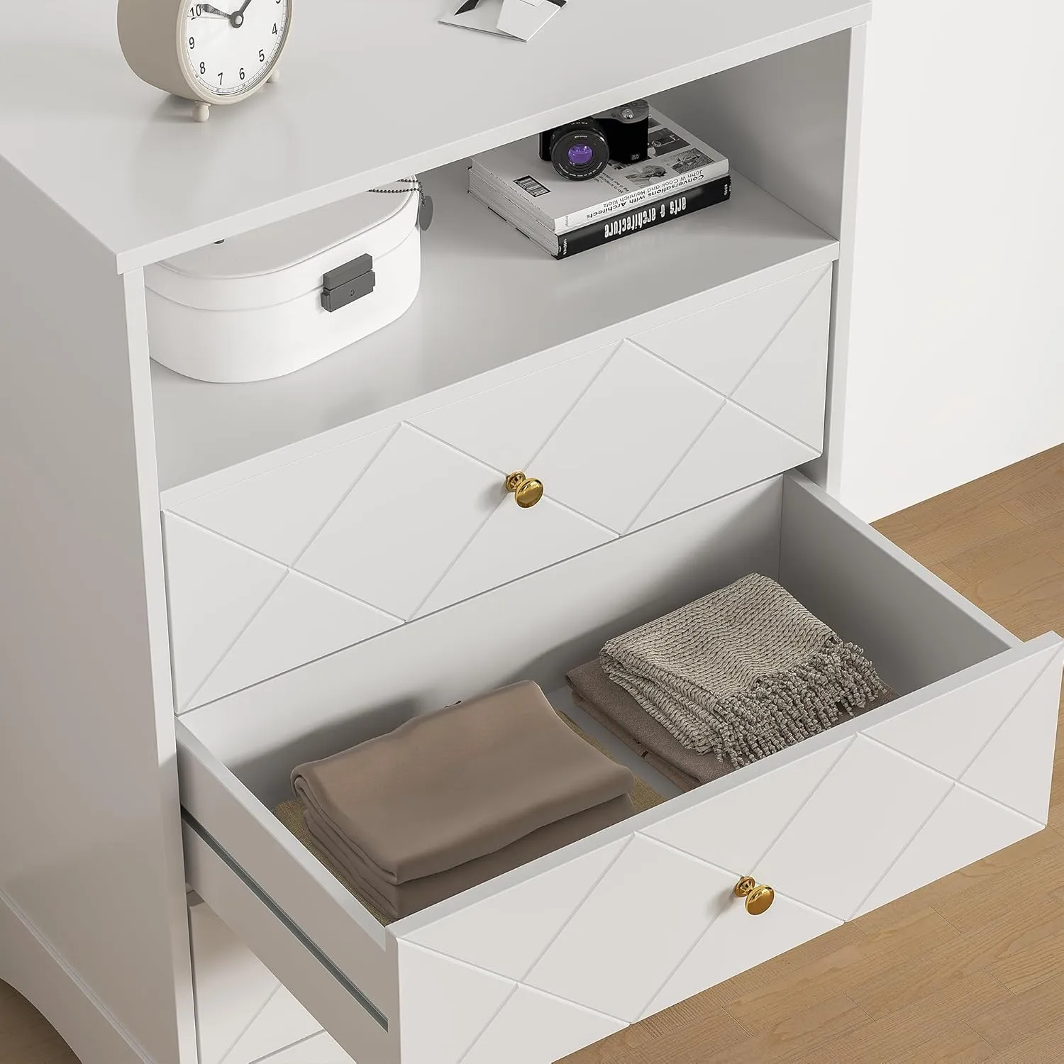 Tall Nightstand for Bedroom, Large Bedside Table with 3 Drawers and 2 Shelves, Modern End Table for Bedroom, Home Office, Hallway, White
