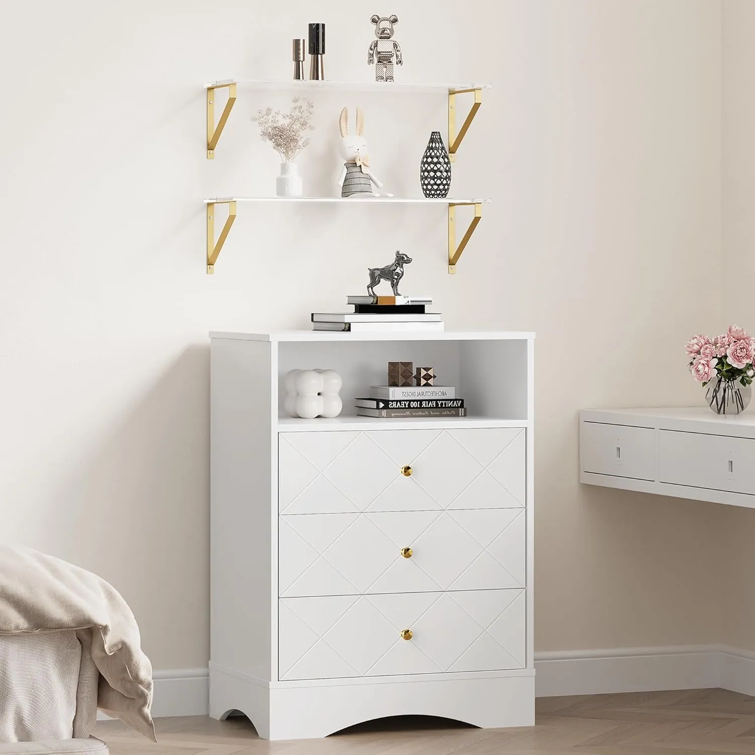 Tall Nightstand for Bedroom, Large Bedside Table with 3 Drawers and 2 Shelves, Modern End Table for Bedroom, Home Office, Hallway, White