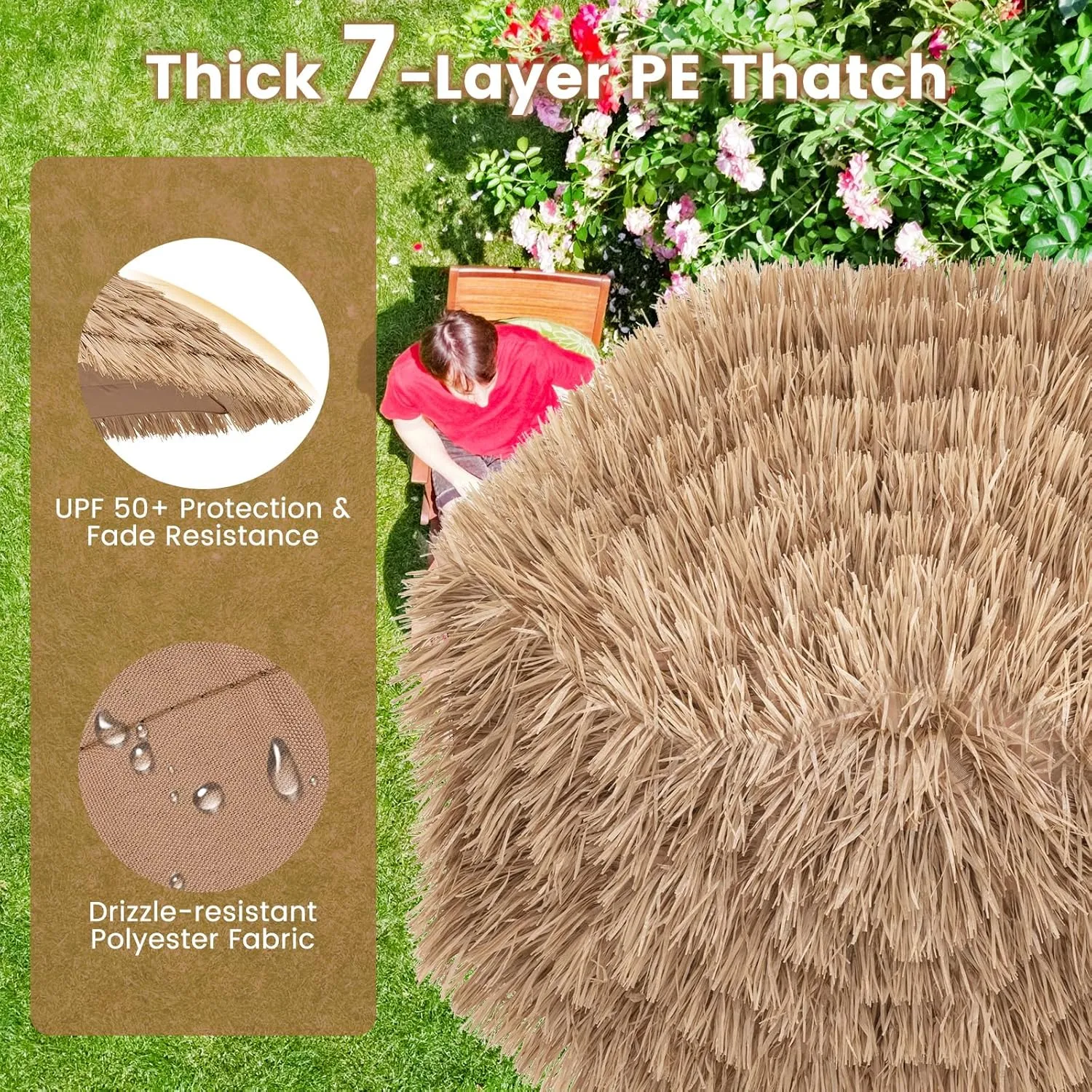 Tangkula 8Ft Tiki Patio Umbrella, Hawaiian Style Outdoor PE Grass Umbrella with Tilt Adjustment, 8 Ribs, Portable Thatched Beach Umbrella for Garden, Yard, Poolside