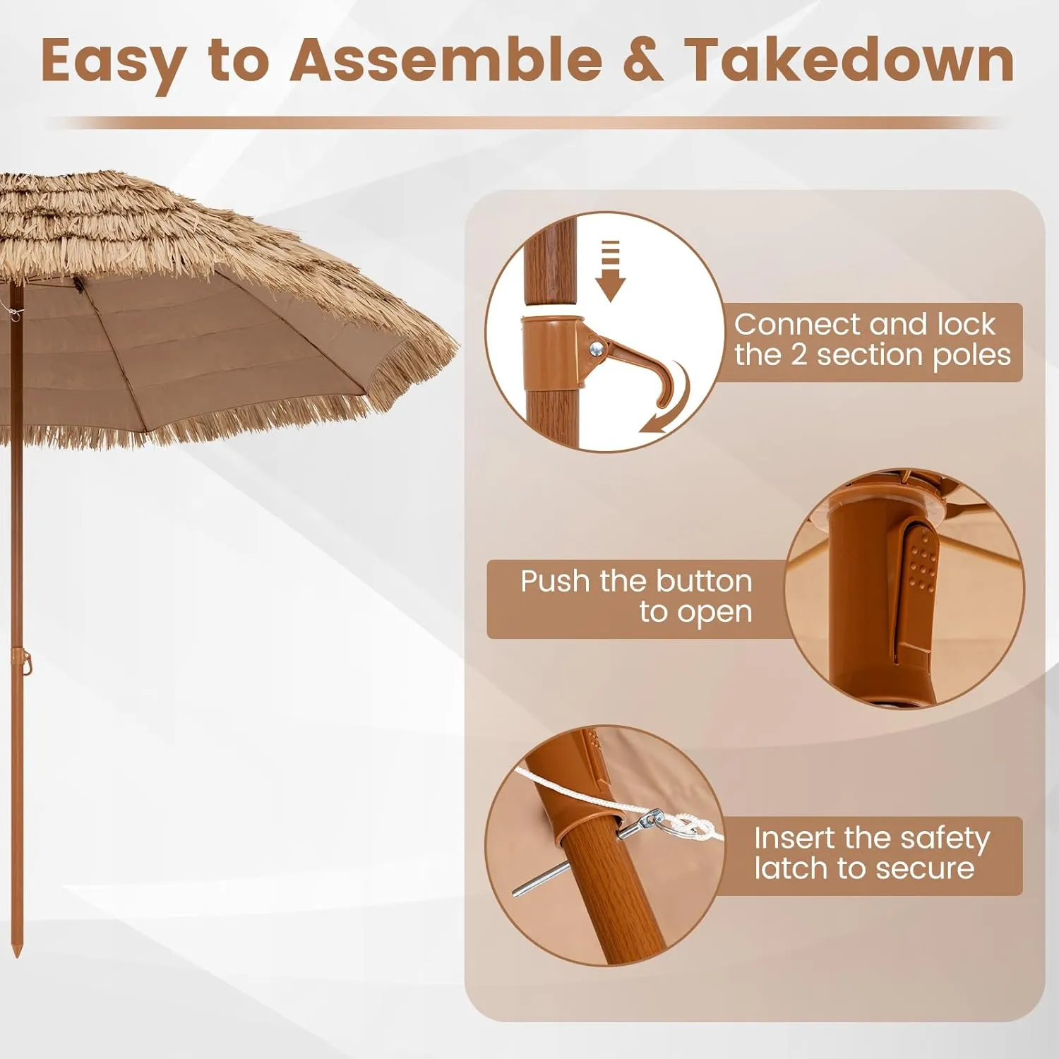 Tangkula 8Ft Tiki Patio Umbrella, Hawaiian Style Outdoor PE Grass Umbrella with Tilt Adjustment, 8 Ribs, Portable Thatched Beach Umbrella for Garden, Yard, Poolside