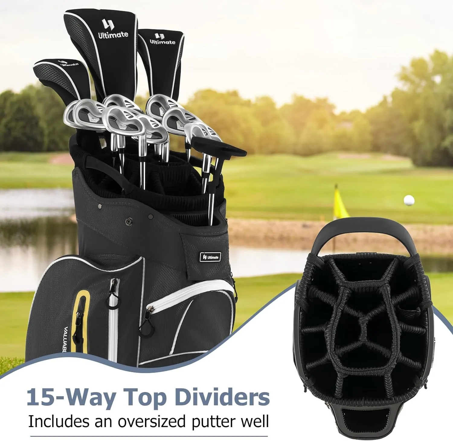 Tangkula Golf Cart Bag with 15 Way Top Dividers, Lightweight Golf Clubs Bag with Individual Putter Well & 7 Pockets, Cooler Bag, Shoulder Strap & Rain Hood, Portable Golf Carry Bag for Men & Women