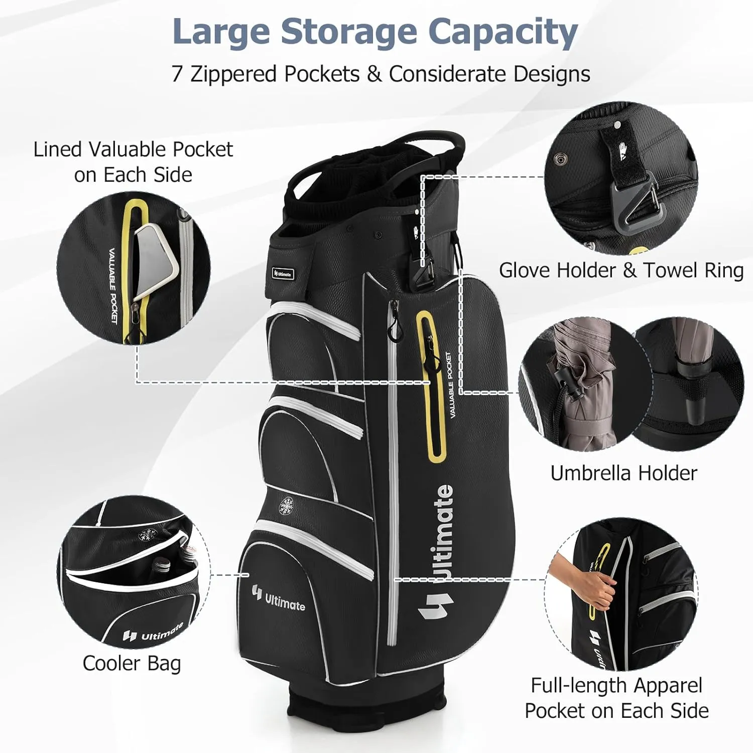 Tangkula Golf Cart Bag with 15 Way Top Dividers, Lightweight Golf Clubs Bag with Individual Putter Well & 7 Pockets, Cooler Bag, Shoulder Strap & Rain Hood, Portable Golf Carry Bag for Men & Women