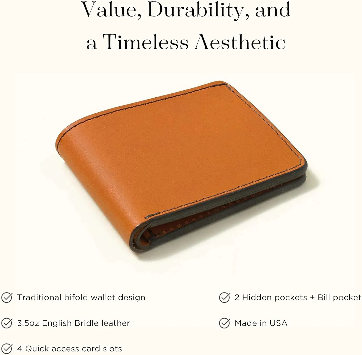 TANNER GOODS Mens Wallet. Mens Leather Wallets. Utility Bifold 4 Card Pocket Wallet, Billfold Slot Cardholder. Made in USA, Saddle Tan