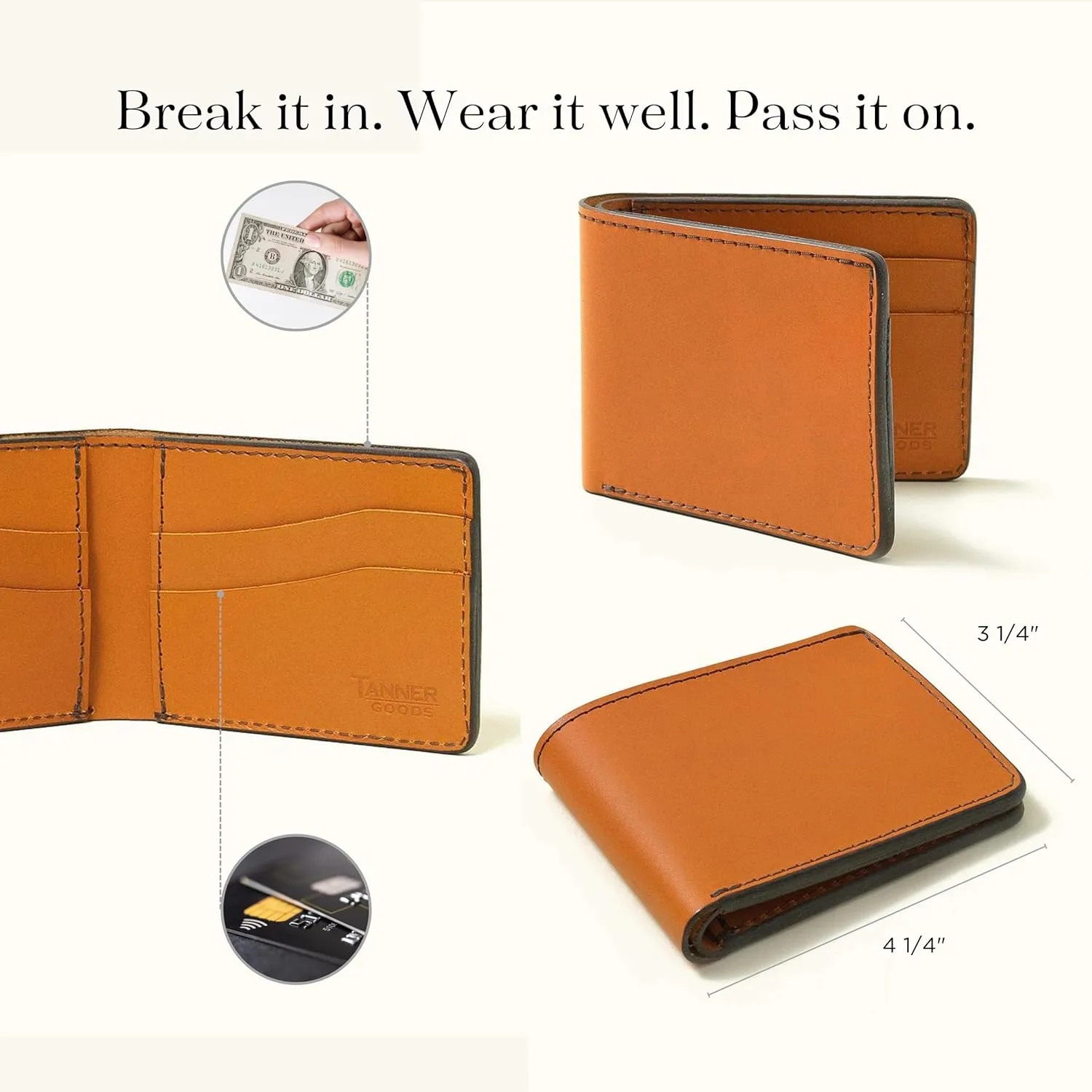 TANNER GOODS Mens Wallet. Mens Leather Wallets. Utility Bifold 4 Card Pocket Wallet, Billfold Slot Cardholder. Made in USA, Saddle Tan