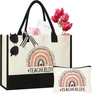 Teacher Gifts for Women, Teacher Appreciation Gifts, Teacher Canvas Tote Bag with Makeup Bag, Beach Bag with Zipper, Christmas Gifts for Teachers, Thank You Teacher Gift from Student