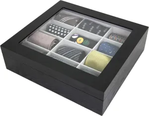 Techswiss Tie Box Storage Case Organizer in Wood Glass Lid Valet (Black)