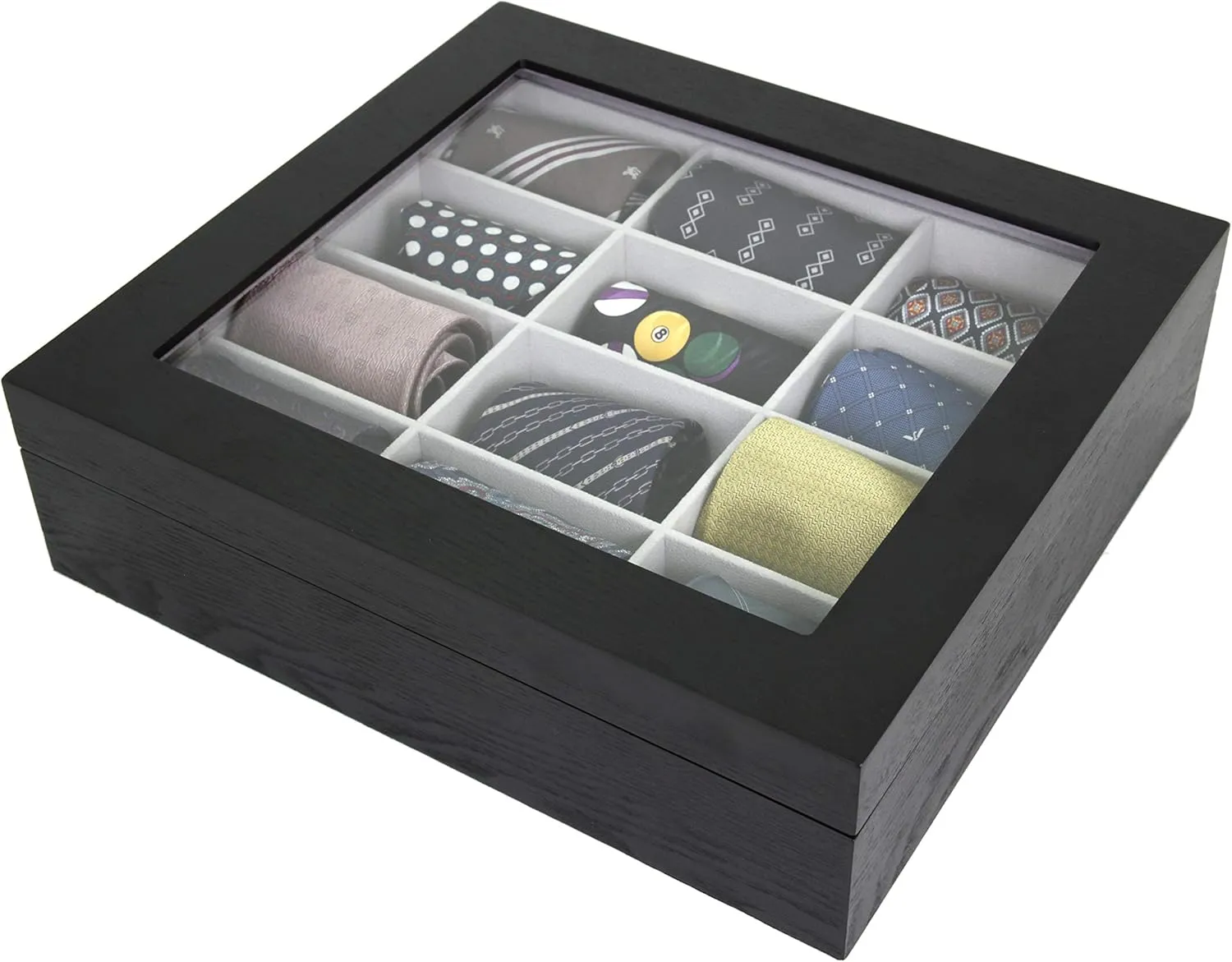 Techswiss Tie Box Storage Case Organizer in Wood Glass Lid Valet (Black)