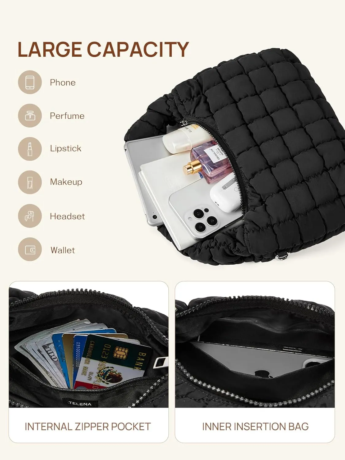 Telena Puffer Tote Bag for Women Lightweight Puffy Tote Bags Small Quilted Crossbody Shoulder Handbag with Detachable Strap