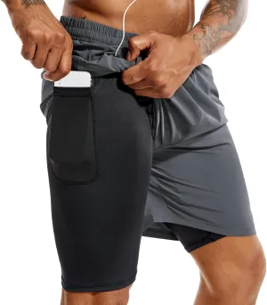 TENJOY Men's 2 in 1 Running Shorts 5 in or 7 in Quick Dry Gym Athletic Workout Shorts for Men with Phone Pockets