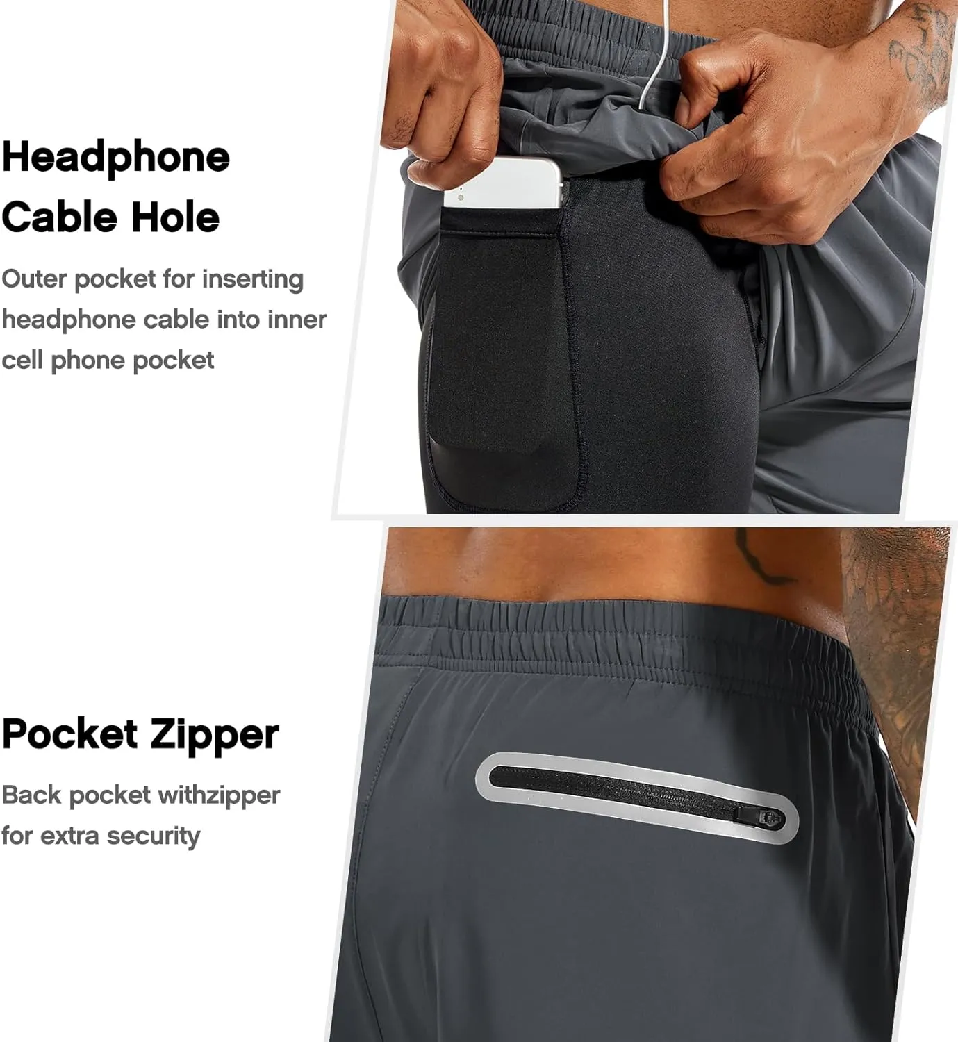 TENJOY Men's 2 in 1 Running Shorts 5 in or 7 in Quick Dry Gym Athletic Workout Shorts for Men with Phone Pockets