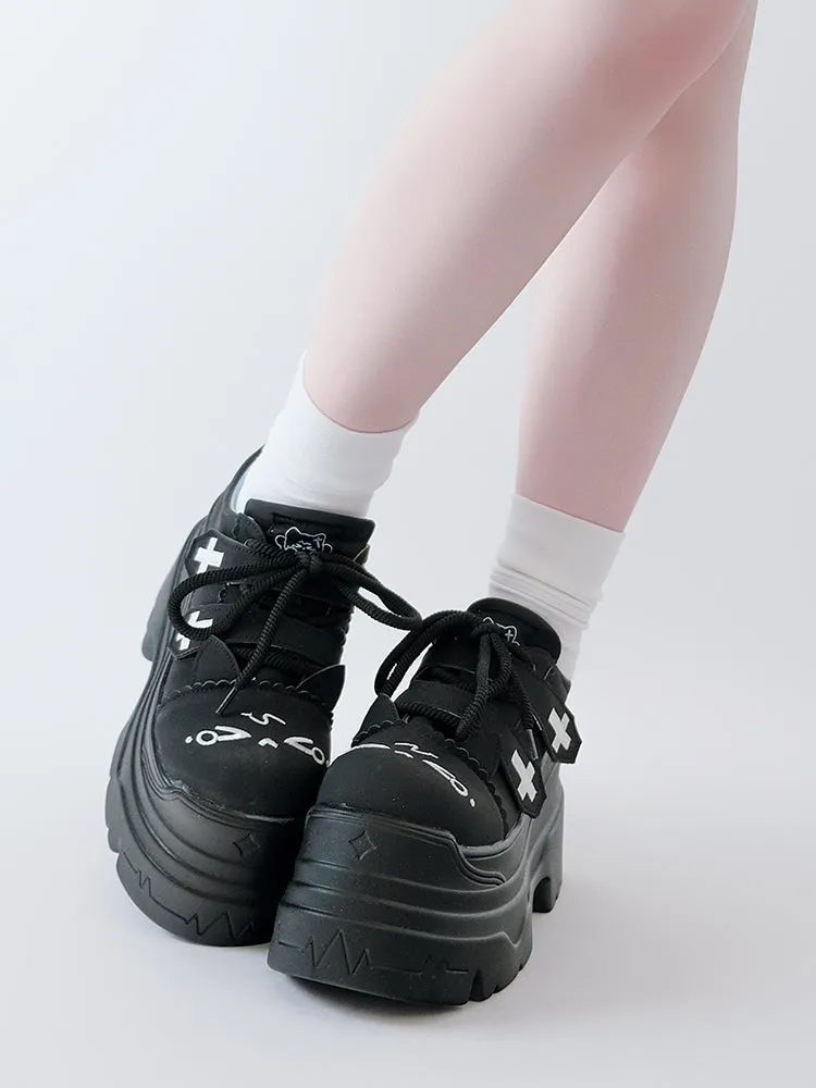 Tenshi Kaiwai Platform Shoes with Embroidered Cat and Cross