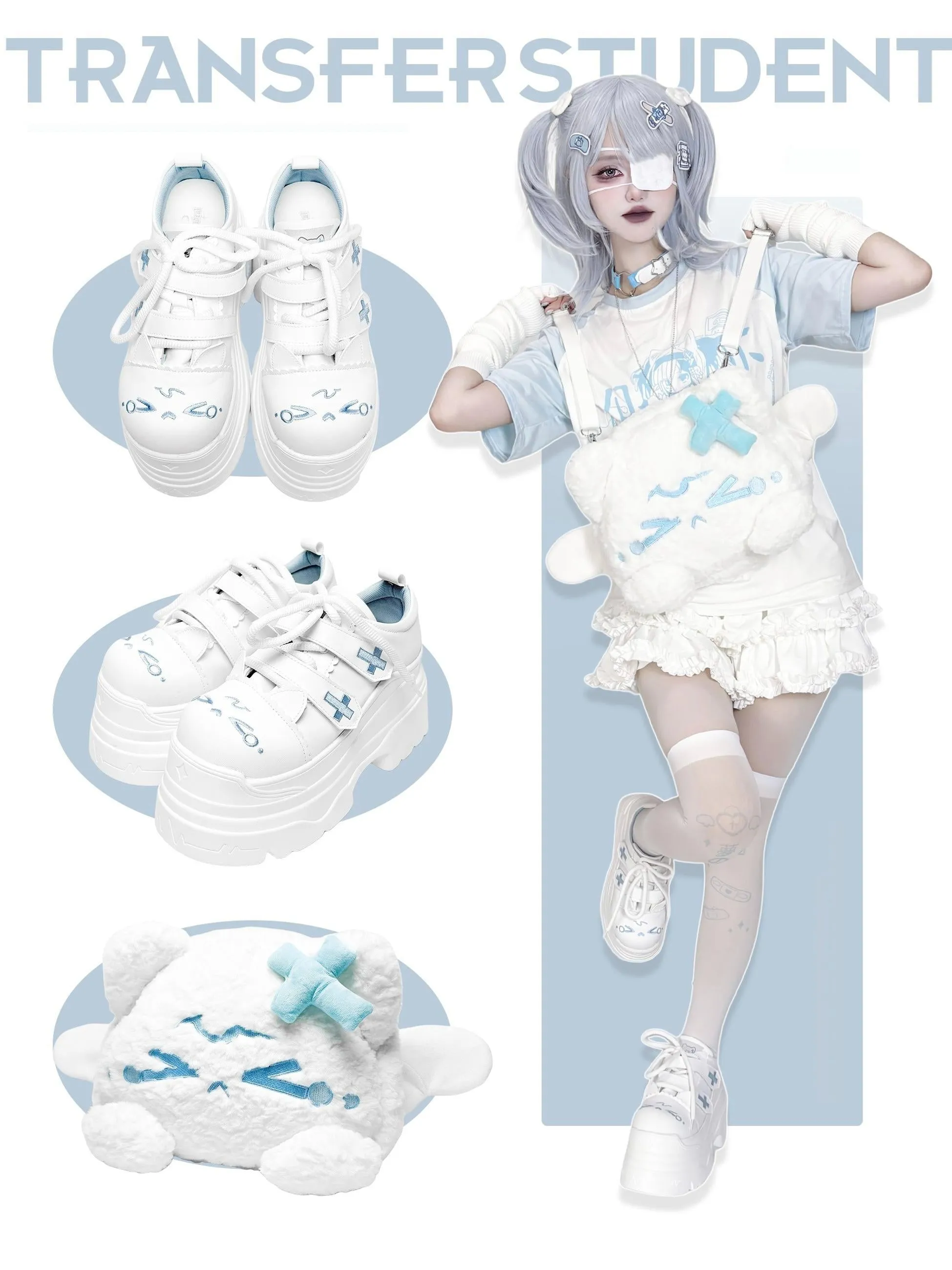 Tenshi Kaiwai Platform Shoes with Embroidered Cat and Cross