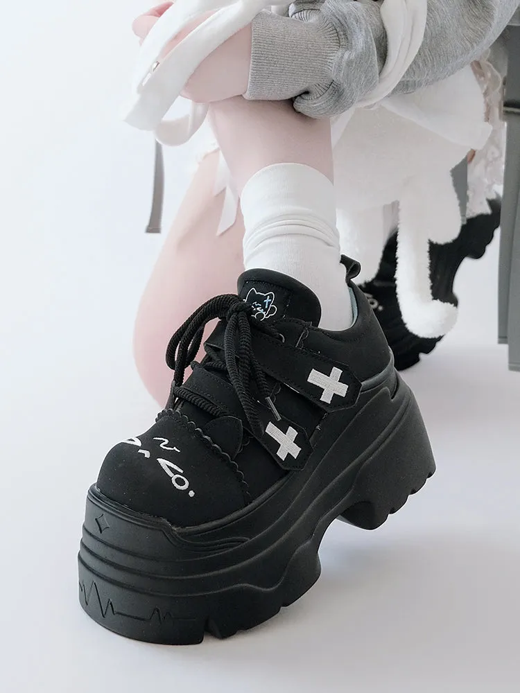 Tenshi Kaiwai Platform Shoes with Embroidered Cat and Cross