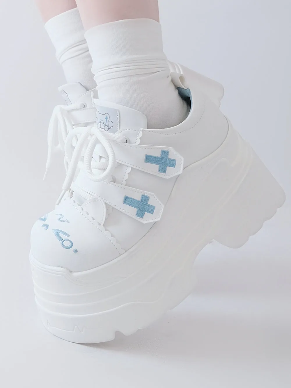 Tenshi Kaiwai Platform Shoes with Embroidered Cat and Cross
