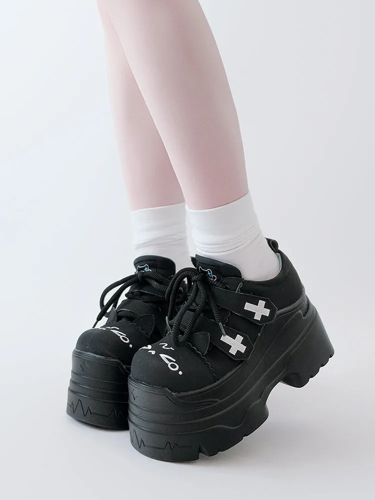 Tenshi Kaiwai Platform Shoes with Embroidered Cat and Cross