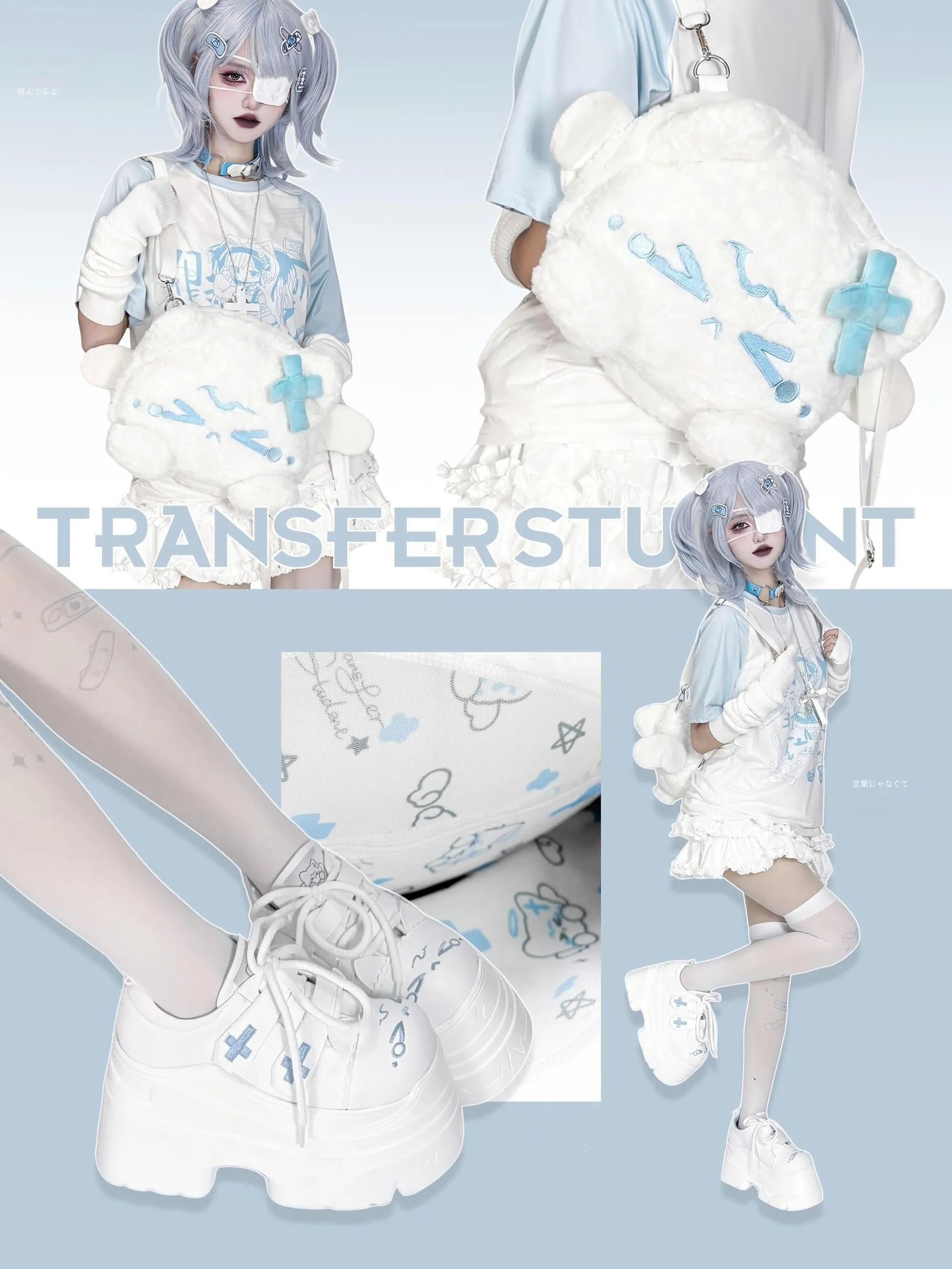 Tenshi Kaiwai Platform Shoes with Embroidered Cat and Cross