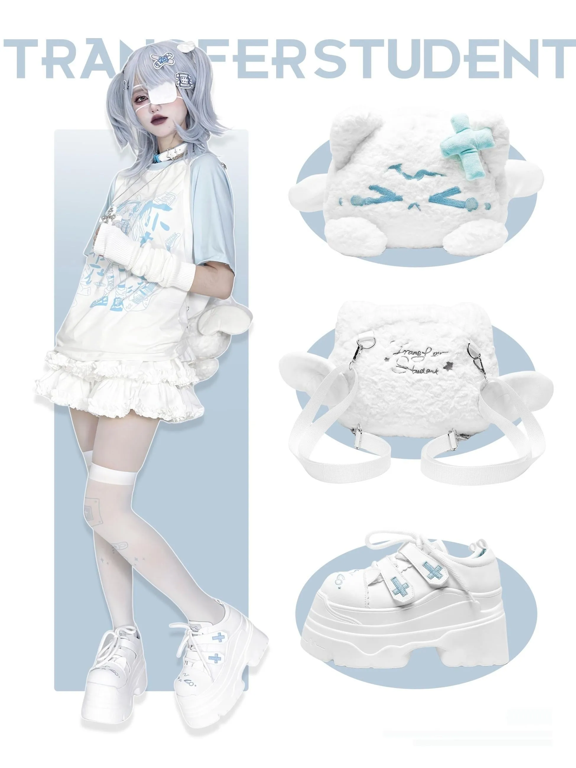 Tenshi Kaiwai Platform Shoes with Embroidered Cat and Cross