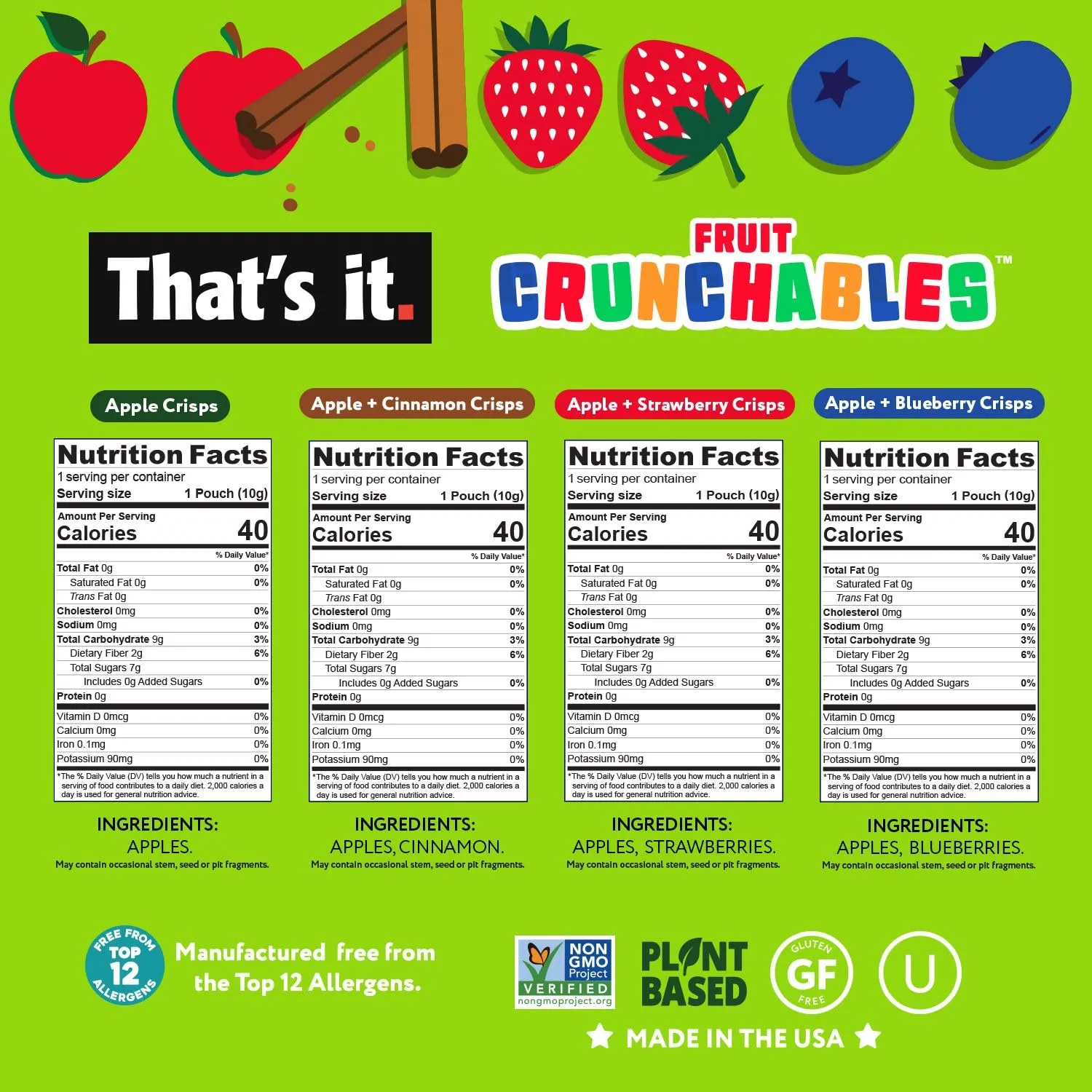 That's it. Fruit Crunchables Variety Pack, Fruit Snacks for Kids, 100% Fruit Crisps, Plant-Based, Non-GMO, Gluten-Free, No Sugar Added (16 Pack)