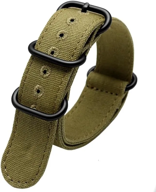 Thickened Nylon Canvas Watch Strap Equipped Sith Five-Ring Black Buckle Steel Universal Bracelet Replacement Band Fit for Omega(Army Green bk,24mm)