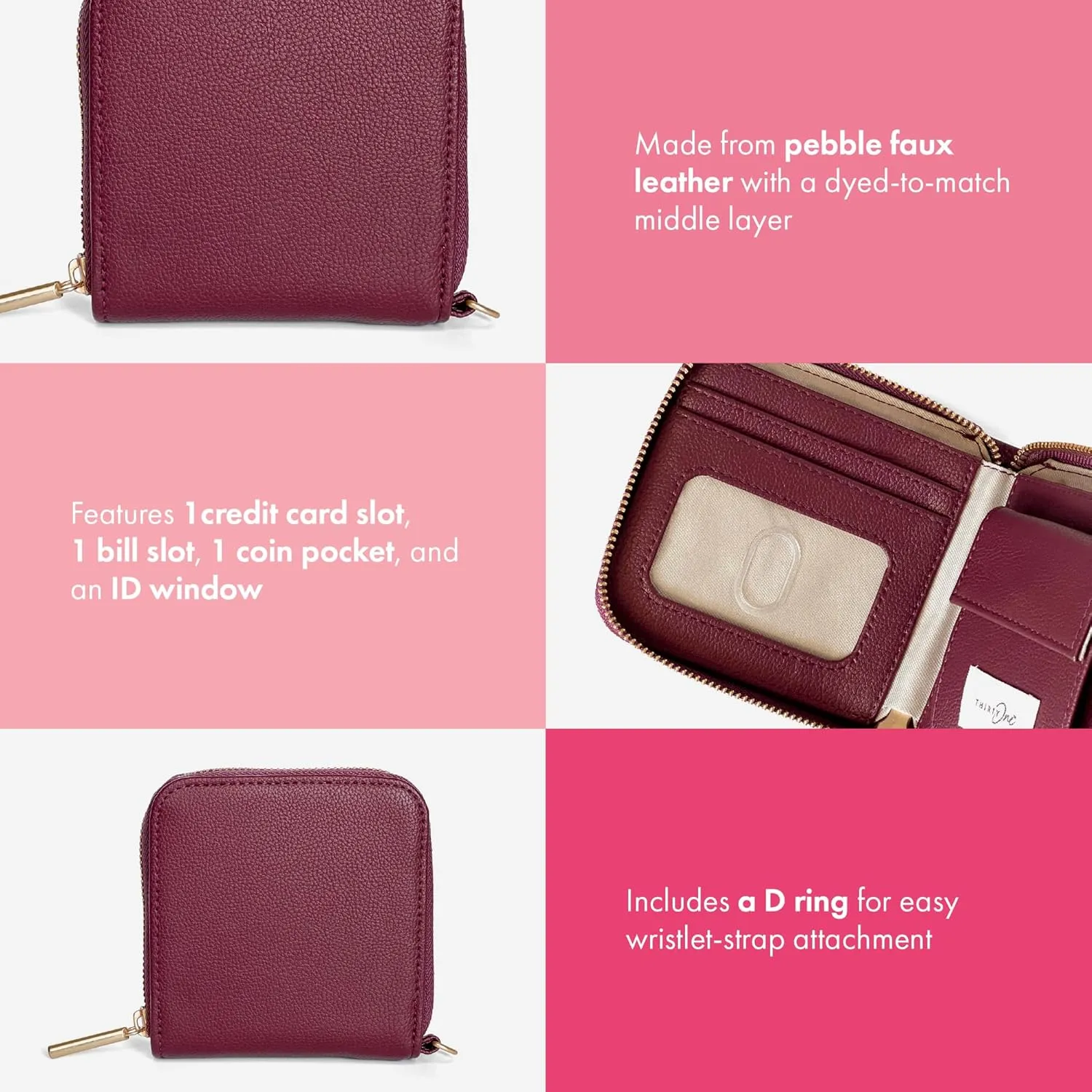 Thirty-One Gifts Mini All About the Benjamins Wallet, Mini Card Wallet for Women, Small Zipper Wallet with Bill Slot, Mulberry