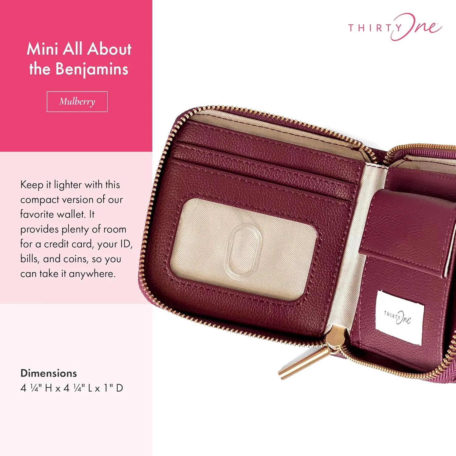 Thirty-One Gifts Mini All About the Benjamins Wallet, Mini Card Wallet for Women, Small Zipper Wallet with Bill Slot, Mulberry
