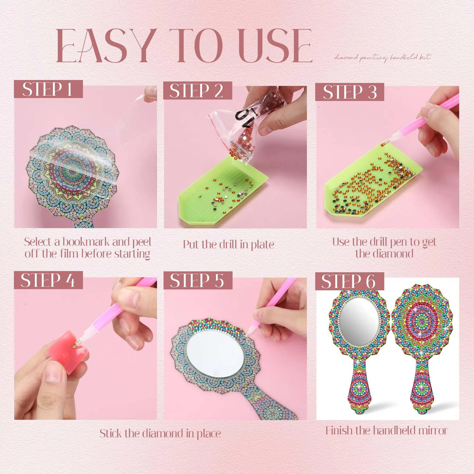 Threehoney 4 Pcs Diamond Painting Mirror Handheld Kits Valentine Christmas Art Gifts Compact Decorate Your Own Mirror for Hand DIY Crafts