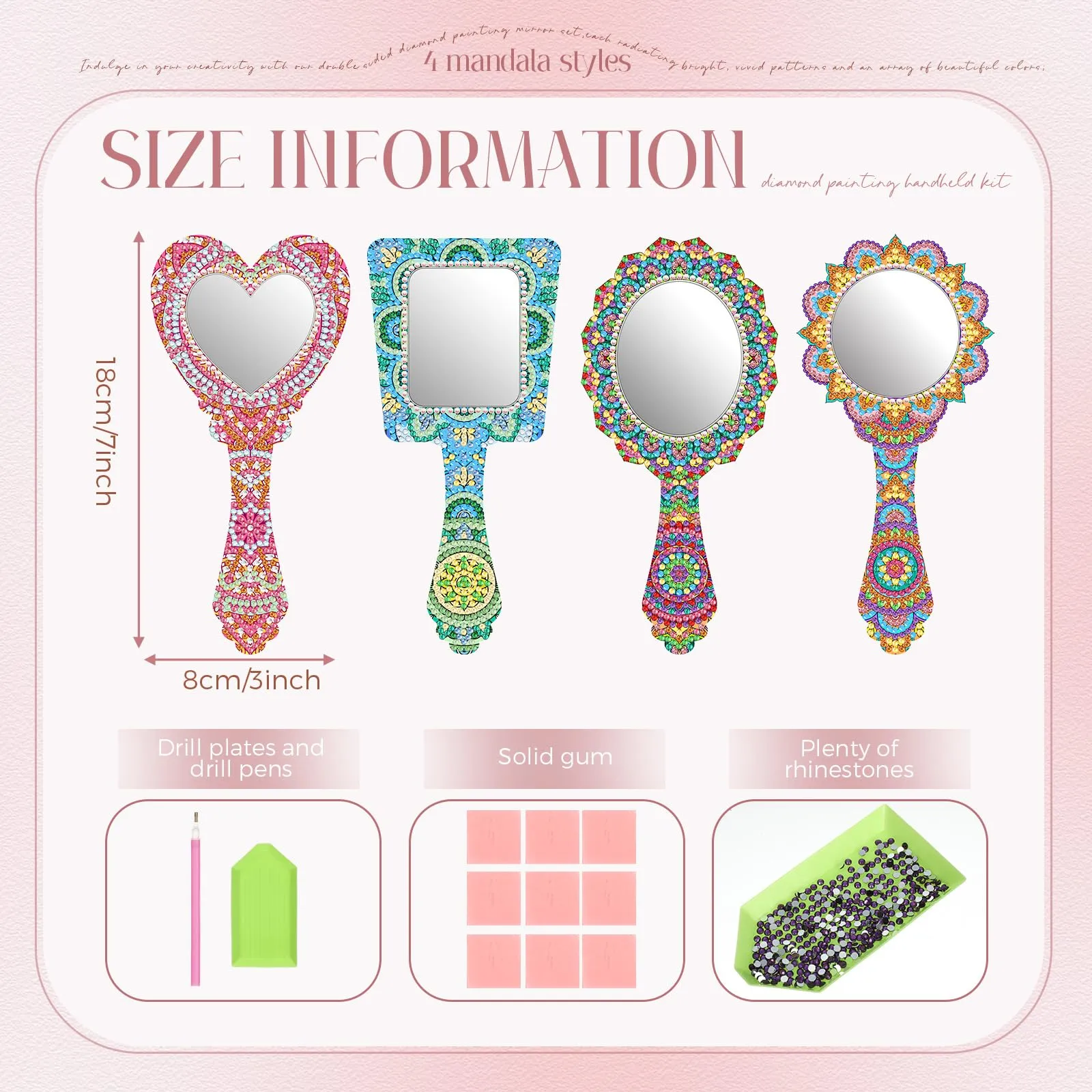 Threehoney 4 Pcs Diamond Painting Mirror Handheld Kits Valentine Christmas Art Gifts Compact Decorate Your Own Mirror for Hand DIY Crafts