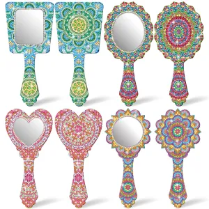 Threehoney 4 Pcs Diamond Painting Mirror Handheld Kits Valentine Christmas Art Gifts Compact Decorate Your Own Mirror for Hand DIY Crafts