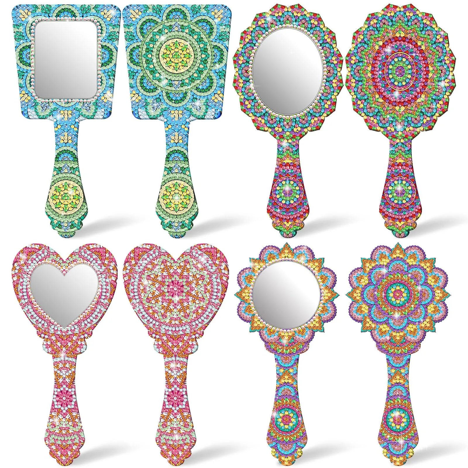 Threehoney 4 Pcs Diamond Painting Mirror Handheld Kits Valentine Christmas Art Gifts Compact Decorate Your Own Mirror for Hand DIY Crafts